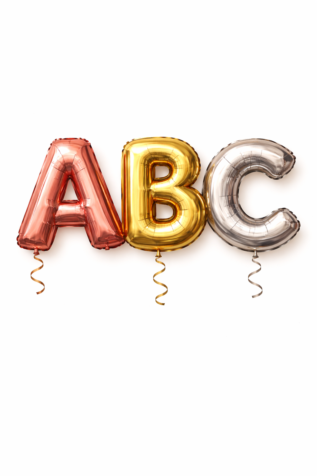 Colorful letter balloons spelling 'ABC' on a white background
